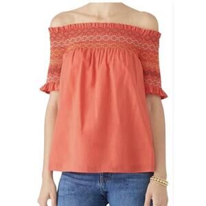 TRINA TURK Coral Orange Smocked Off the Shoulder Crosshatch Top Size Small